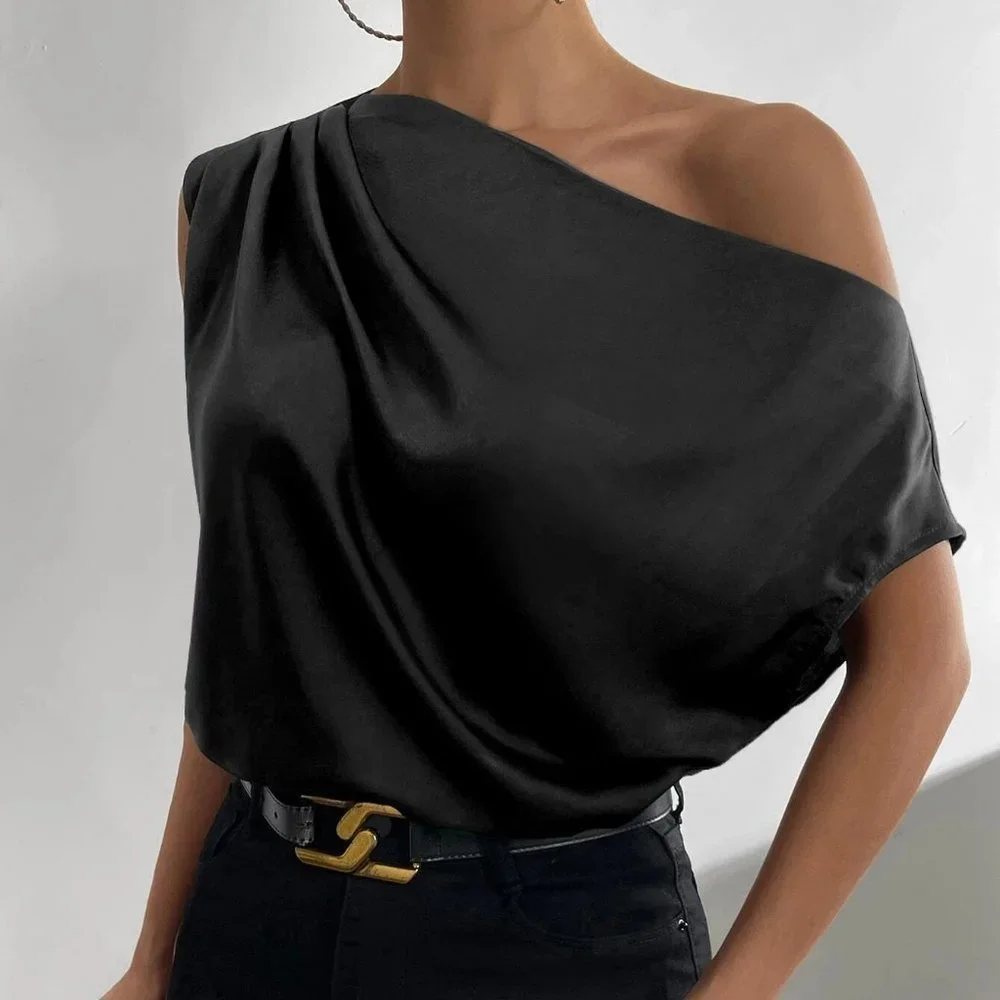 Asymmetrical Neck Ruched Shoulder Blouse black - Picture 4 of 5